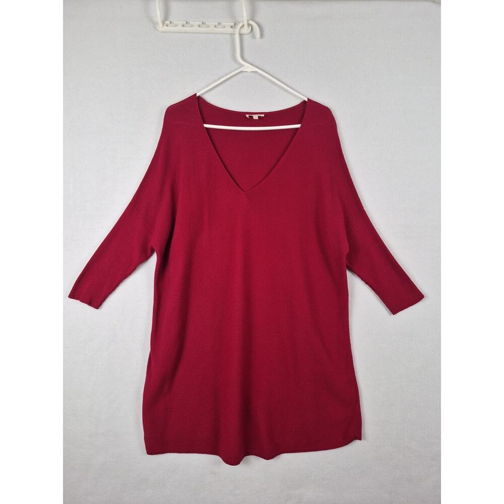 EILEEN FISHER Sweater M Organic Cotton Tunic V-Neck Pullover 3/4 Sleeve Red